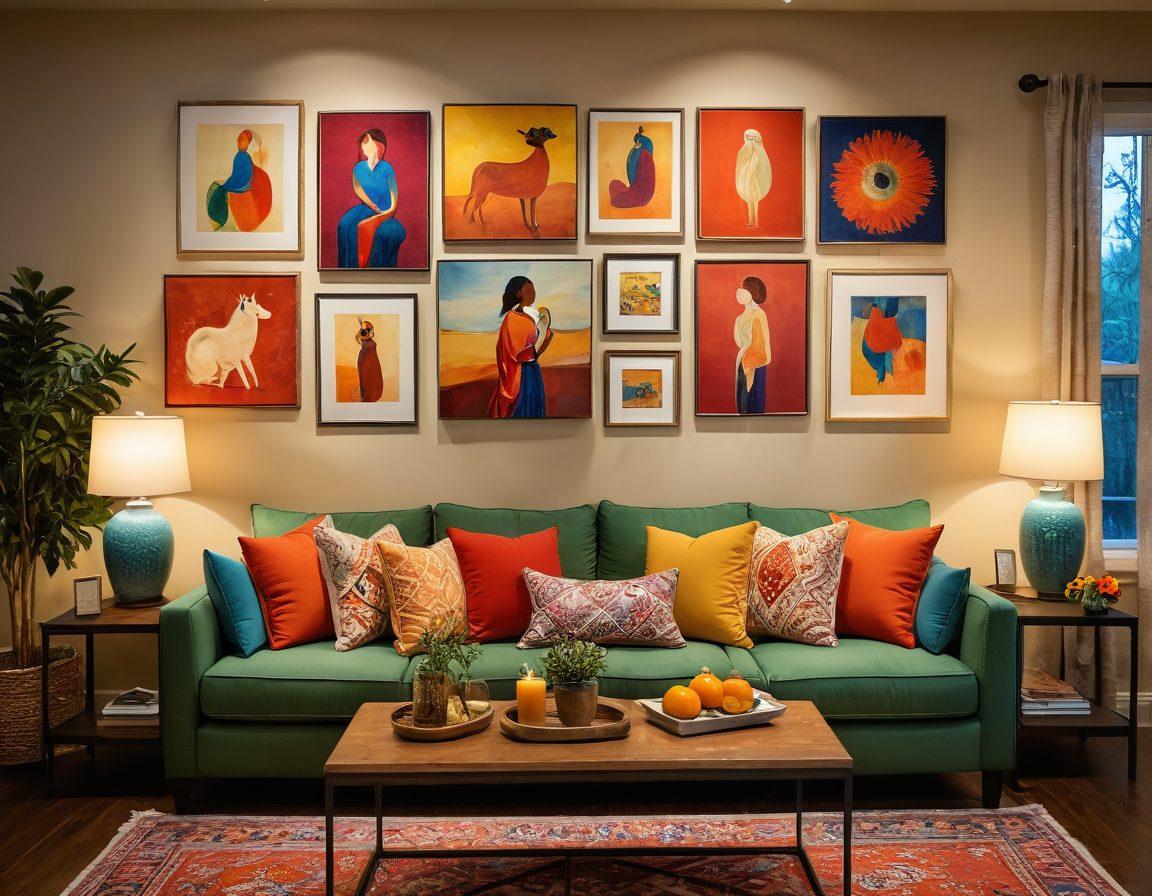 A striking and intimate scene of a diverse group of individuals celebrating their authentic selves in a cozy, warmly lit room filled with art and laughter. The focus is on genuine expressions and moments of connection, showcasing body positivity and emotional vulnerability. Incorporate elements of colorful artwork on the walls, soft textures, and a variety of intimate decor to emphasize the theme of celebrating authenticity. super-realistic. vibrant colors. warm tones.