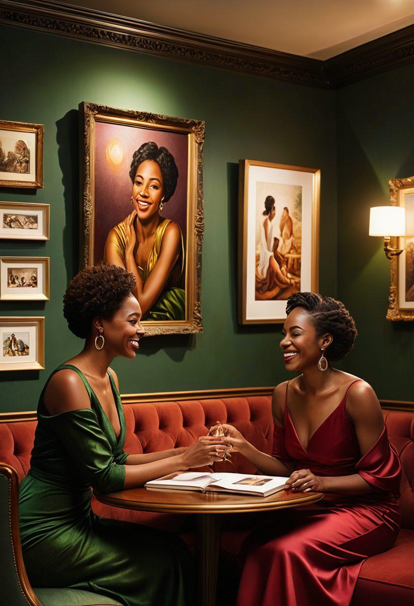 A luxurious, intimate setting featuring diverse black adults engaged in candid storytelling, surrounded by soft ambient lighting. The scene should evoke a sense of sensuality, with rich textures and colors that highlight authenticity. Include elements like elegant furniture and visual storytelling in the background to emphasize the narrative aspect of adult content. Capture the essence of genuine human connection and intimacy. super-realistic. vibrant colors. warm tones.